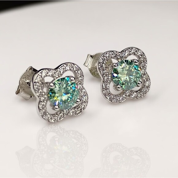 Certified 1CT Blue Green Moissanite Four-Leaf Halo Cluster Stud Earrings - Picture 6 of 8